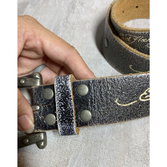 Ed Hardy Belt Womens 29 Grey Leather Floral Puma Silver Tone Hardware Y2K main image 10